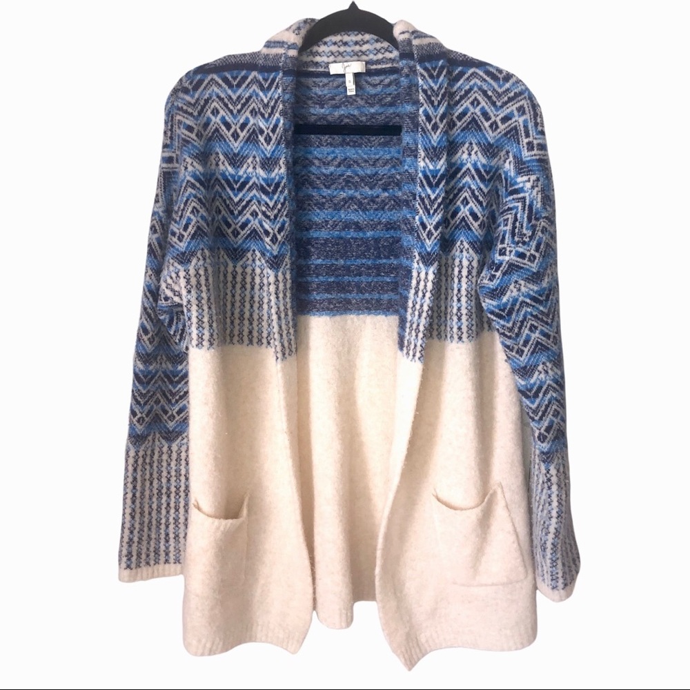 Joie Alpaca Wool Fair Isle Sweater Nordic Cream Blue Cozy Open Cardigan‎ Small